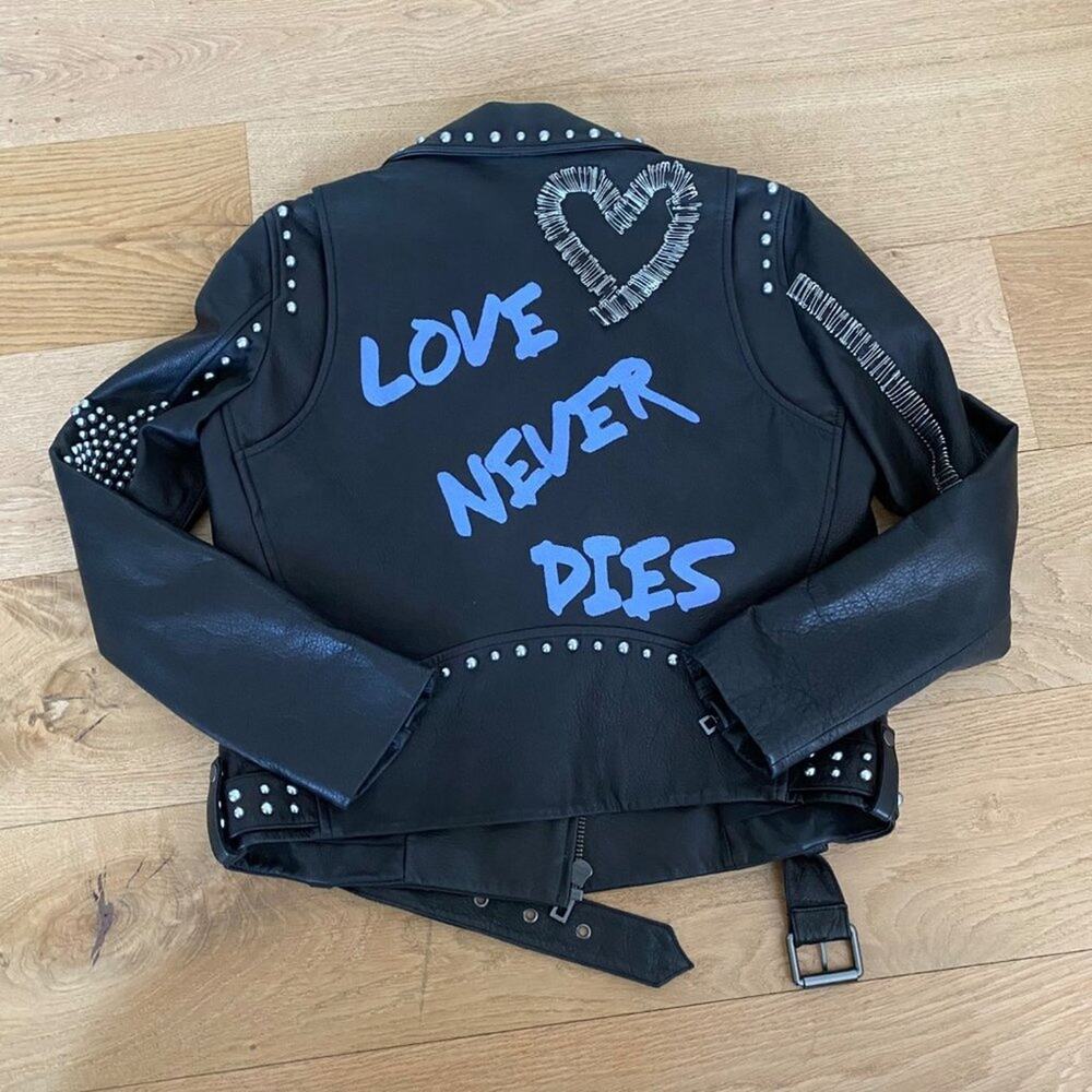 Steve Madden - Jocelyn  "Love Never Dies" Graffiti Studded Leather Biker Jacket
